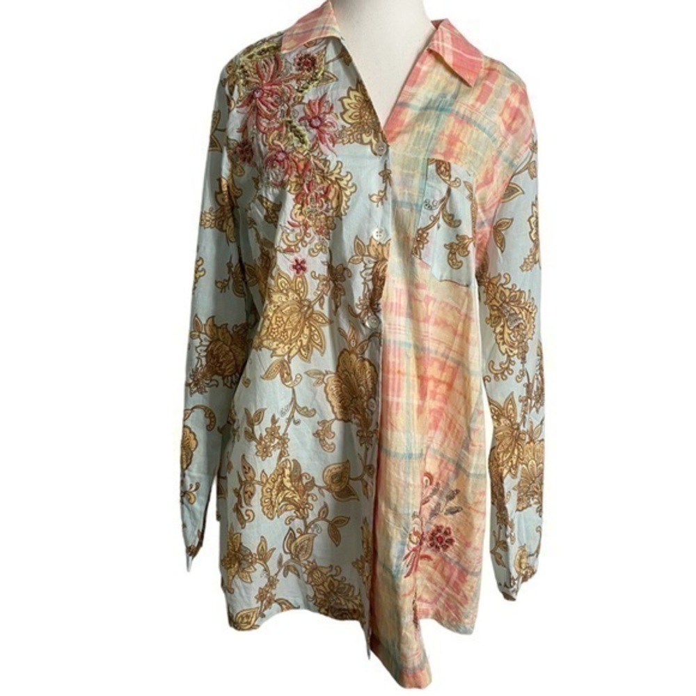 Soft Surroundings Descansa Tunic in Aquatic Multi Embellished Shirt NWT